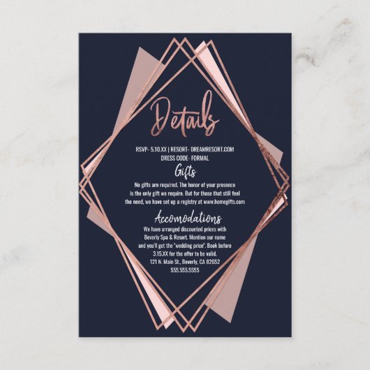 ばら色の金ゴールドの濃紺の藤色の幾何学的な詳細 エンクロージャーカード (正面)