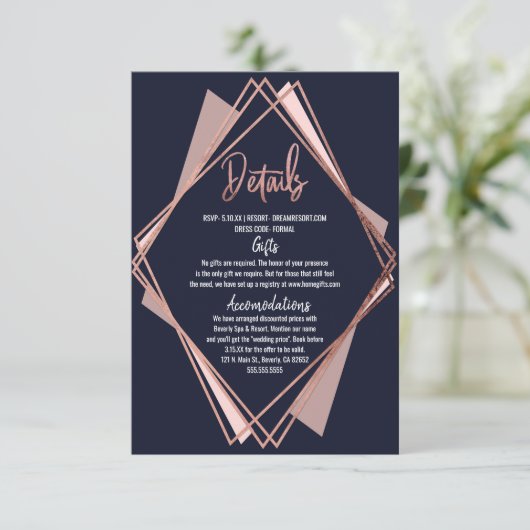 ばら色の金ゴールドの濃紺の藤色の幾何学的な詳細 エンクロージャーカード (スタンド正面)