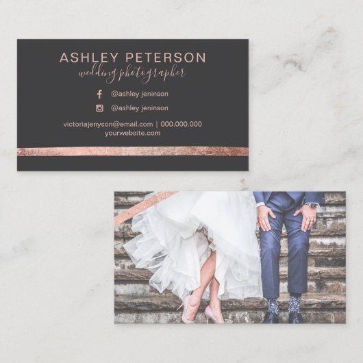 ばら色の金ゴールドの灰色の結婚式のカメラマンのタイポグラフィ 名刺 (正面/裏面)