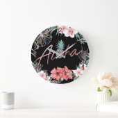 ばら色の金ゴールドの熱帯パイナップル植物のアロハ上品 ラージ壁時計 (ホーム)