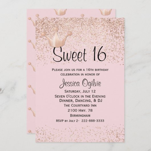 ばら色の金ゴールドの王冠のピンクの菓子16の誕生日の招待状 招待状 (正面/裏面)