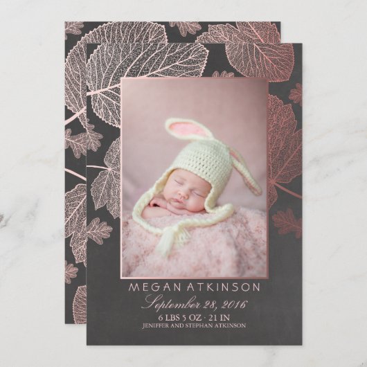 ばら色の金ゴールドの秋の生まれたばかりのな写真の誕生の発表 案内状 (正面/裏面)