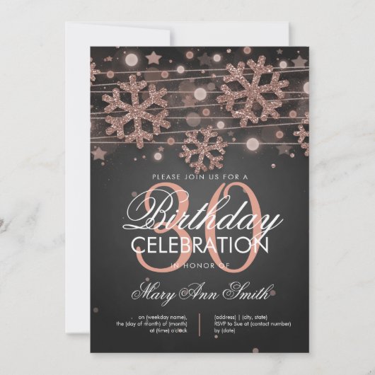 ばら色の金ゴールドの第30誕生日の冬のグリッターの魅力 招待状 (正面)