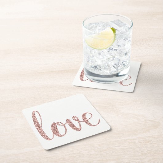 ばら色の金ゴールドの紙のコースター、愛、グリッターのフォント スクエアペーパーコースター (インサイチュ)