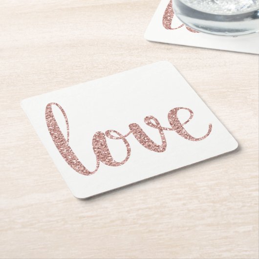 ばら色の金ゴールドの紙のコースター、愛、グリッターのフォント スクエアペーパーコースター (アングル)