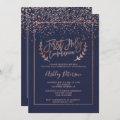 ばら色の金ゴールドの紙吹雪の濃紺の上品の最初聖餐 招待状 (正面/裏面)