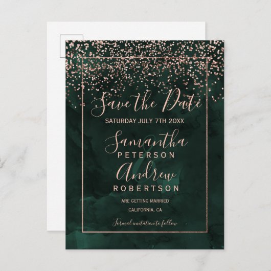 ばら色の金ゴールドの紙吹雪の緑の原稿の保存日付 案内ポストカード (正面/裏面)