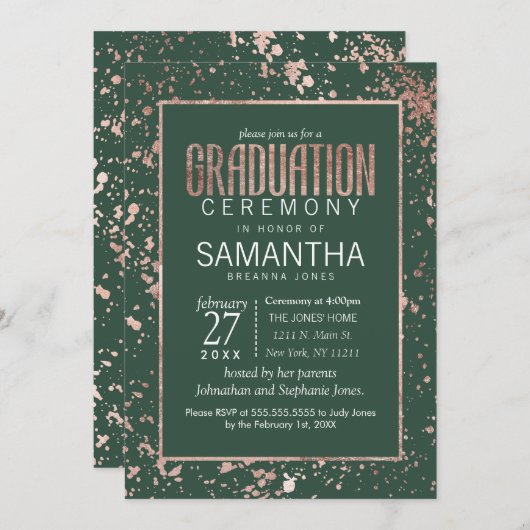 ばら色の金ゴールドの緑のペンキは卒業をはね飛ばします 招待状 (正面/裏面)