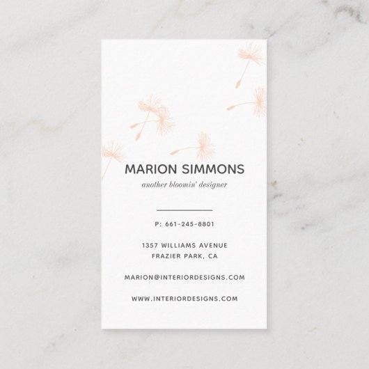 ばら色の金ゴールドの署名のタンポポの名刺 名刺 (裏面)