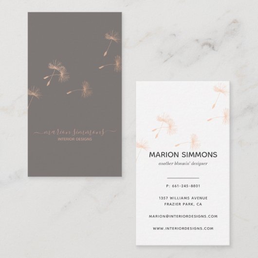 ばら色の金ゴールドの署名のタンポポの名刺 名刺 (正面/裏面)