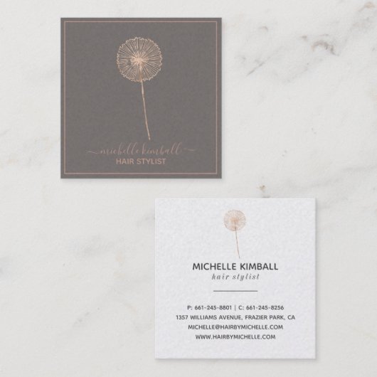 ばら色の金ゴールドの署名のタンポポ|正方形ビジネス スクエア名刺 (正面/裏面)