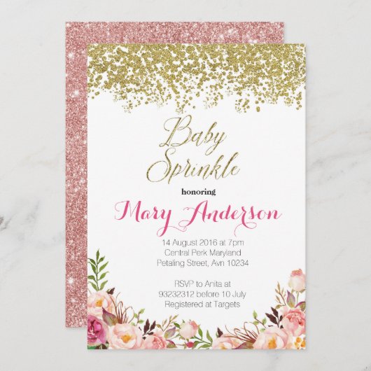 ばら色の金ゴールドの花のベビーは招待状を振りかけます 招待状 (正面/裏面)