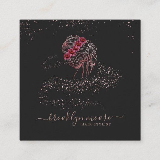 ばら色の金ゴールドの花のロゴの美容師エレガントな| スクエア名刺 (正面)