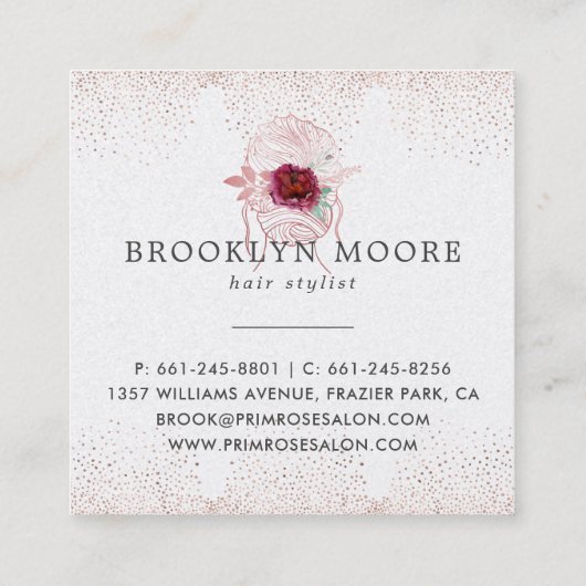 ばら色の金ゴールドの花のロゴの美容師エレガントな| スクエア名刺 (裏面)