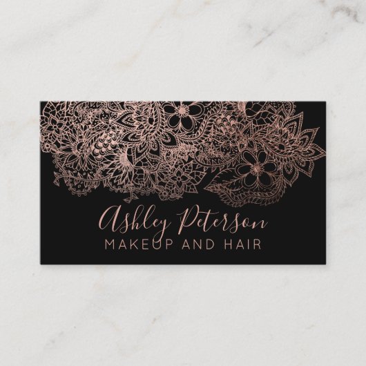 ばら色の金ゴールドの花の化粧の毛のタイポグラフィ 名刺 (正面)