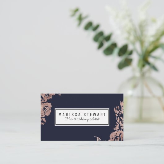 ばら色の金ゴールドの花の濃紺の名刺 名刺 (スタンド正面)