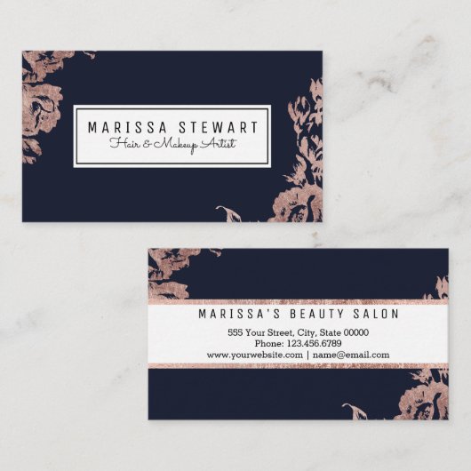 ばら色の金ゴールドの花の濃紺の名刺 名刺 (正面/裏面)