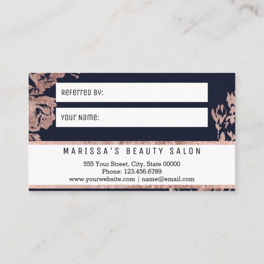 ばら色の金ゴールドの花の濃紺の紹介カード 紹介カード (裏面)