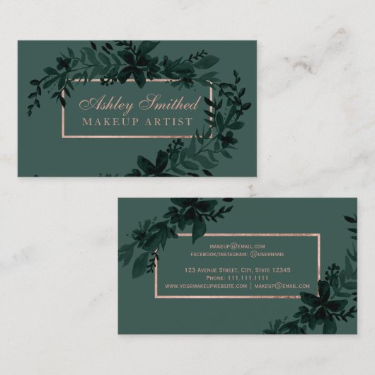 ばら色の金ゴールドの花の緑の水彩画の葉の化粧 名刺 (正面/裏面)