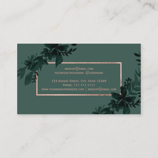 ばら色の金ゴールドの花の緑の水彩画の葉の化粧 名刺 (裏面)
