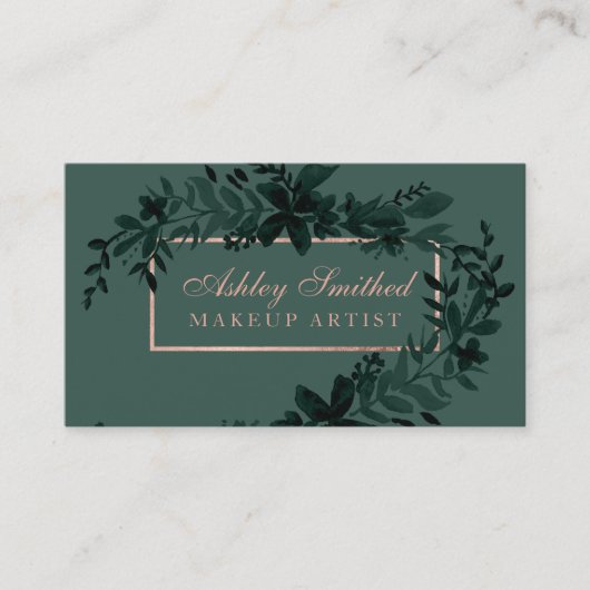 ばら色の金ゴールドの花の緑の水彩画の葉の化粧 名刺 (正面)