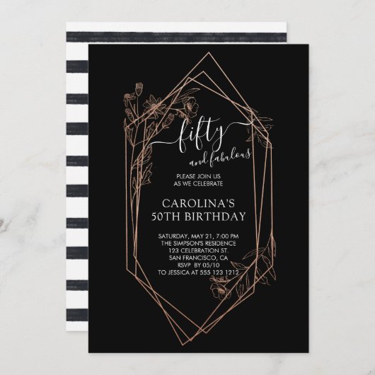 ばら色の金ゴールドの花柄50およびすばらしい第50誕生日 招待状 (正面/裏面)