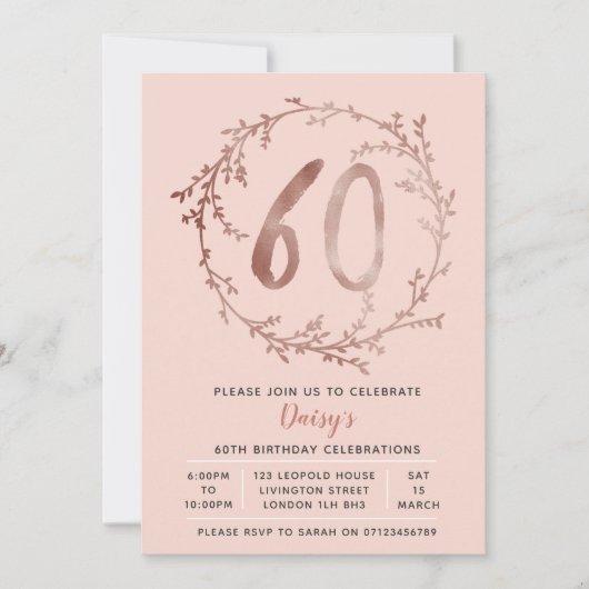ばら色の金ゴールドの誕生日の女の子の第60誕生日の招待 招待状 (正面)