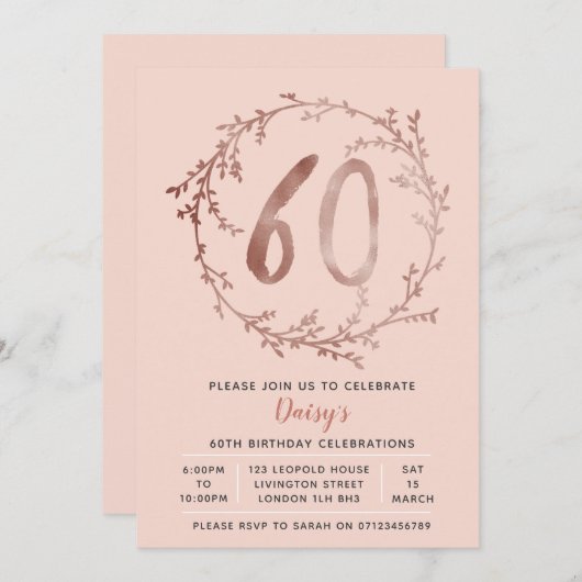 ばら色の金ゴールドの誕生日の女の子の第60誕生日の招待 招待状 (正面/裏面)