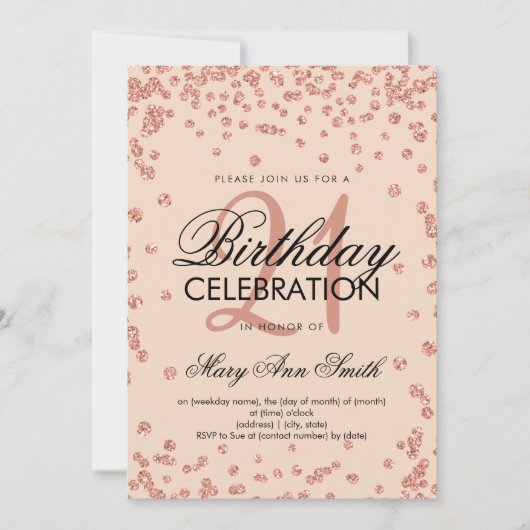ばら色の金ゴールドの赤面のグリッターの紙吹雪の第21誕生日 招待状 (正面)