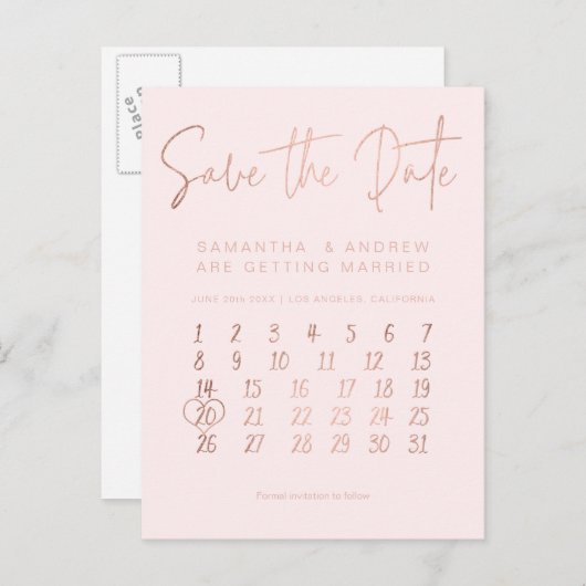 ばら色の金ゴールドの赤面のピンクのカレンダーの保存日付 案内ポストカード (正面/裏面)