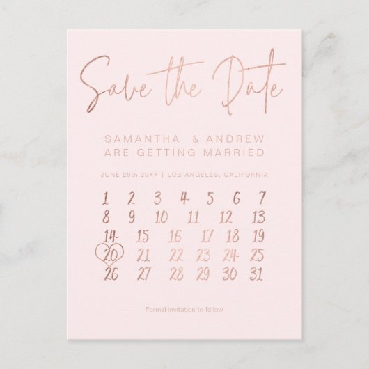 ばら色の金ゴールドの赤面のピンクのカレンダーの保存日付 案内ポストカード (正面)