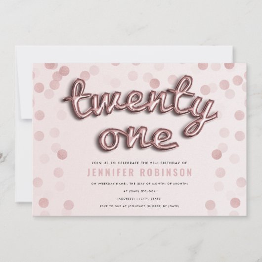 ばら色の金ゴールドの赤面のピンクのグリッターの第21誕生日 招待状 (正面)