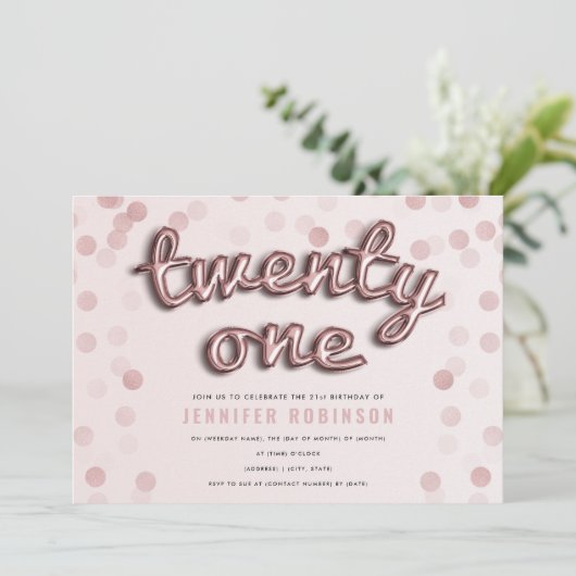 ばら色の金ゴールドの赤面のピンクのグリッターの第21誕生日 招待状 (スタンド正面)