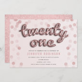 ばら色の金ゴールドの赤面のピンクのグリッターの第21誕生日 招待状 (正面/裏面)