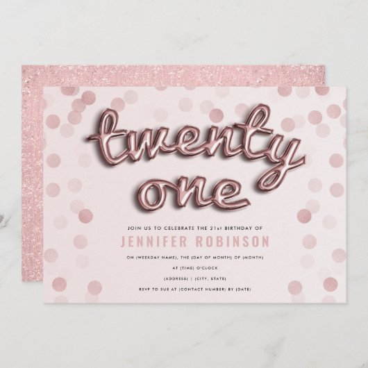ばら色の金ゴールドの赤面のピンクのグリッターの第21誕生日 招待状 (正面/裏面)