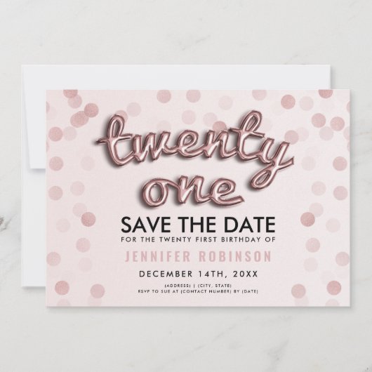 ばら色の金ゴールドの赤面のピンクのグリッターの第21誕生日 招待状 (正面)