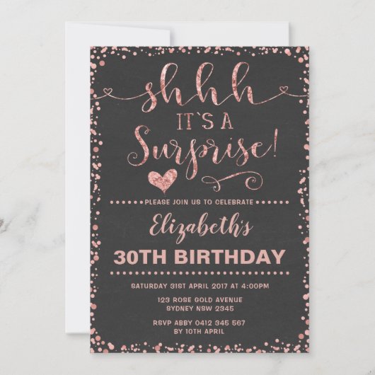 ばら色の金ゴールドの驚きの誕生会の女性のグリッター 招待状 (正面)