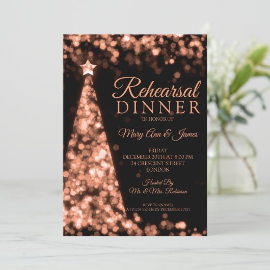 ばら色の金ゴールドの黒のクリスマスの結婚式のリハーサルの夕食 招待状 (スタンド正面)