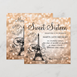 ばら色の金ゴールドのSweet sixteenのロマンチックなパリの魅力 招待状