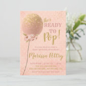 ばら色の金ゴールドをぽんと鳴らすこと準備ができた気球のベビーシャワー 招待状 (スタンド正面)