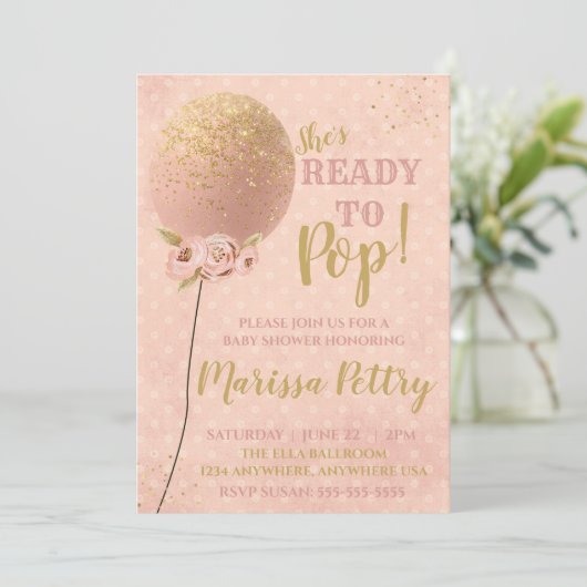 ばら色の金ゴールドをぽんと鳴らすこと準備ができた気球のベビーシャワー 招待状 (スタンド正面)