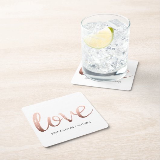 ばら色の金ゴールドフェイクなホイル愛 スクエアペーパーコースター (インサイチュ)