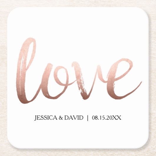 ばら色の金ゴールドフェイクなホイル愛 スクエアペーパーコースター (正面)
