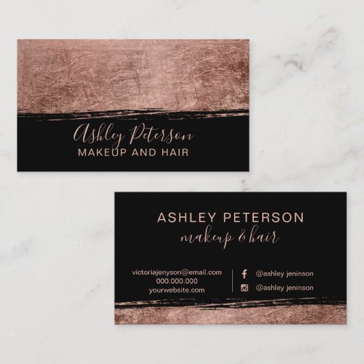 ばら色の金ゴールドブラシストローク黒髪の化粧のタイポグラフィ 名刺 (正面/裏面)