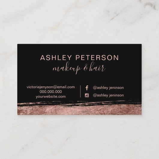 ばら色の金ゴールドブラシストローク黒髪の化粧のタイポグラフィ 名刺 (裏面)