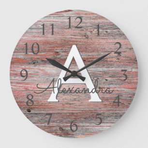 ばら色の金ゴールドホイルおよび素朴な木製のモノグラム ラージ壁時計