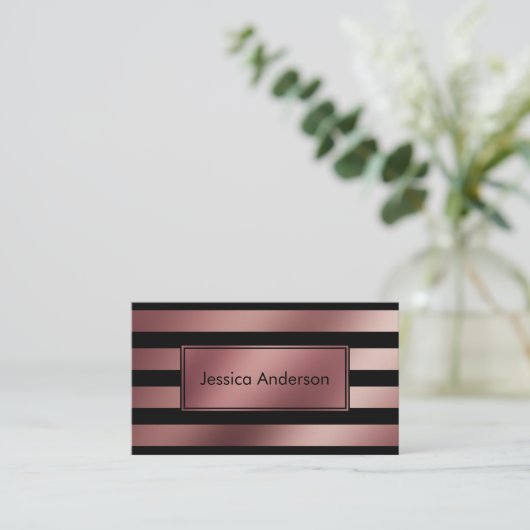 ばら色の金ゴールドホイルおよび黒い縞模様 名刺 (スタンド正面)