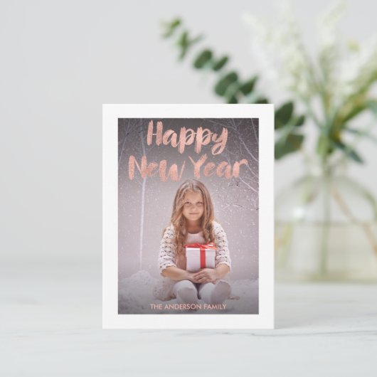 ばら色の金ゴールドホイルの明けましておめでとうの写真の郵便はがき シーズンポストカード (スタンド正面)