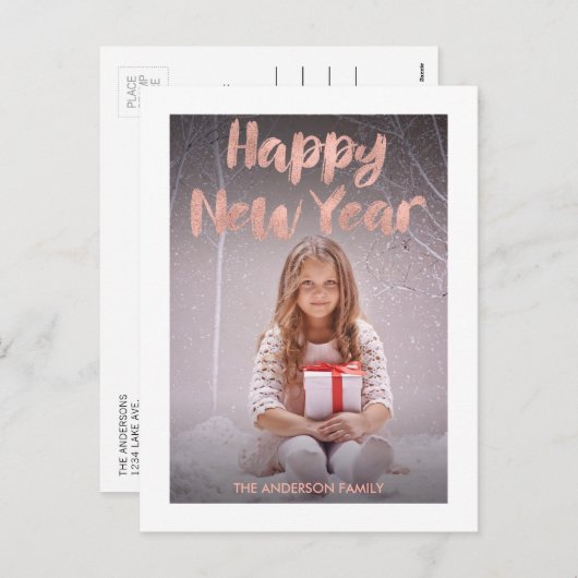 ばら色の金ゴールドホイルの明けましておめでとうの写真の郵便はがき シーズンポストカード (正面/裏面)