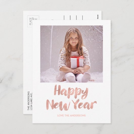 ばら色の金ゴールドホイルの明けましておめでとうの写真の郵便はがき シーズンポストカード (正面/裏面)